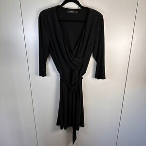 Lauren‎ Ralph Lauren Womens 12 Black Wrap Dress Minimalist Luxury Staple Elegant